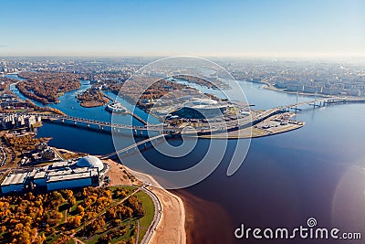 Stadium St. Petersburg. Zenit-Arena. Gulf of Finland. Coastline. Clear autumn day. Blue sky. Pedestrian bridge. Highway Stock Photo