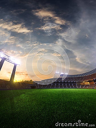 Stadium sunset with people fans. 3d render illustration cloudy Cartoon Illustration