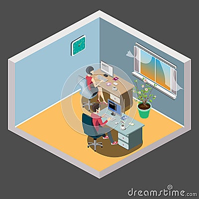 Staff around table with laptop tablet. Office meeting room. Vector Illustration