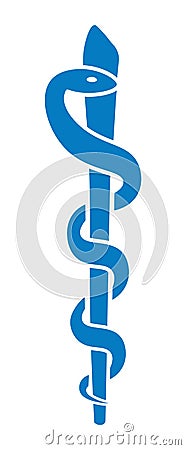 Staff of Asclepius medical blue symbol icon isolated on white background. Caduceus with staff and snake. Medical emblem. Vector Illustration