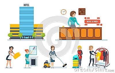 Staff of the hotel serves the hotel room and rooms. Vector Illustration