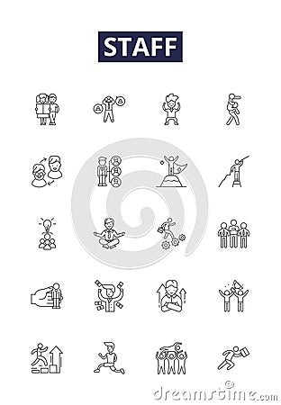 Staff line vector icons and signs. Employees, Workers, Colleagues, Personnel, Associates, Instructors, Guides Vector Illustration