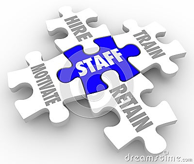 Staff Word Puzzle Pieces Hire Motivate Train Retain Human Resources Stock Photo
