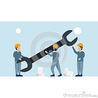 The staff working by use the wrench tighten the nut Vector Illustration