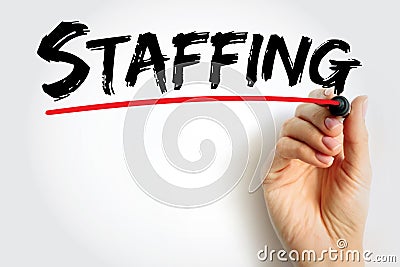 Staffing - process of finding the right worker with appropriate qualifications and recruiting them to fill a job position, text Stock Photo