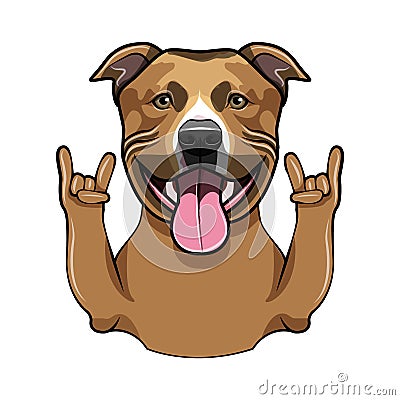 Staffordshire Terrier dog. Horns, Rock gesture. Dog portrait. Staffordshire Terrier breed. Vector. Vector Illustration