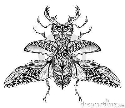 Stag-beetle tattoo. psychedelic, zentangle style. Vector Illustration