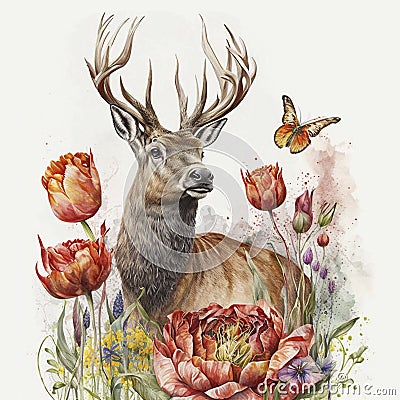 Stag with Flowers and Butterfly Illustration Stock Photo