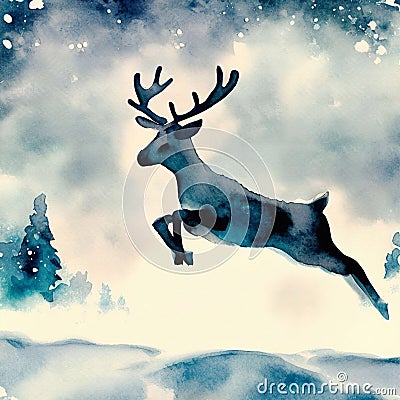 stag jumping through a snowy landscape Stock Photo