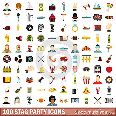 100 stag party icons set, flat style Vector Illustration