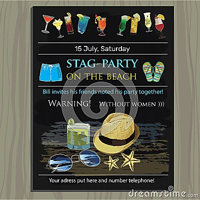 Stag-party invite on the beach. Holiday, vacation, invitation ca Vector Illustration