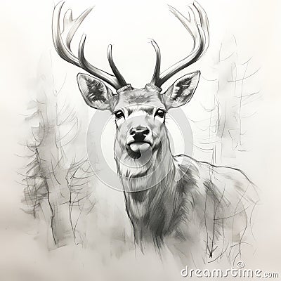 Happy Deer Portrait: Pencil Drawing In Ink Wash Style Stock Photo