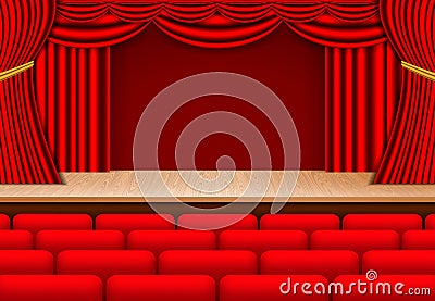 Realistic theater wooden stage with lights and red curtain.. Vector Illustration
