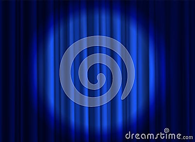 Stage blue curtain. Theatrical or cinema cloth luxury silk elegant closed curtains with spotlight vector background Vector Illustration