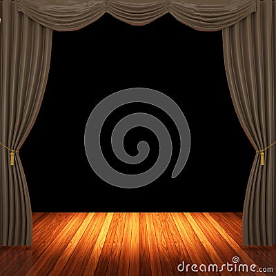 Stage with brown curtains and spotlight. Stock Photo