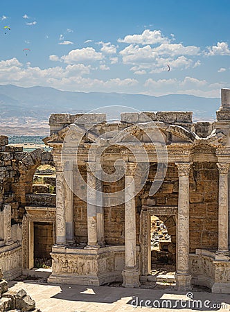 Stage building detail with mythological relief from Hierapolis Ancient City Theater. Pamukkale, Denizli, Turkey. Stock Photo