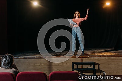 Stage director and actress reading scenario Stock Photo