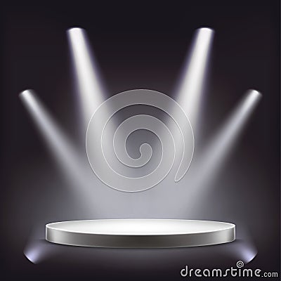 Stage, empty round podium illuminated by spotlights Vector Illustration