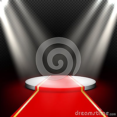 Stage, empty round podium illuminated by spotlights Vector Illustration