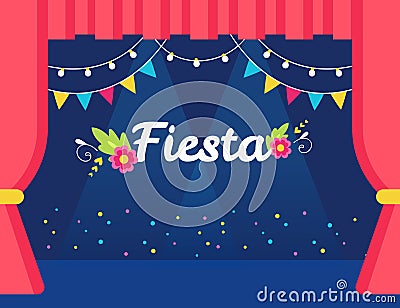 Stage with Flags and Lights Garlands and Fiesta Sign. Mexican Theme Party or Event Invitation. Vector Illustration