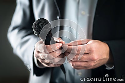 Stage fright concept. Nervous and shy public speaker with microphone. Business man afraid of giving speech for crowd of people. Stock Photo