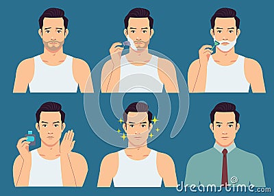 The stage illustration of the handsome man shaves his beard. Vector Illustration