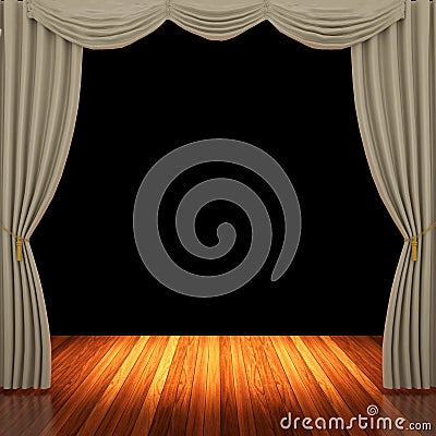 Stage with light brown curtains and spotlight. Stock Photo