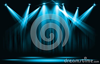 Stage lights. Blue spotlight with certain through the darkness. Stock Photo