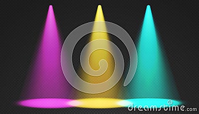 Stage limelight. Yellow, pink, blue cone lights from top with darkened edges. Vector Illustration