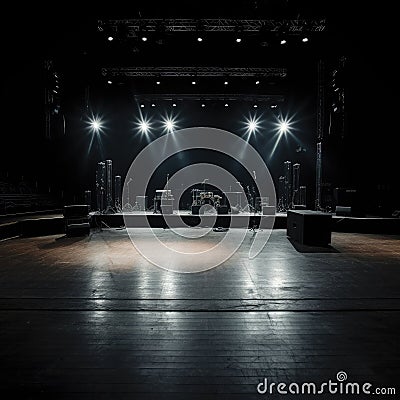 Stage with musical instruments for a concert, empty room. Generative AI Stock Photo