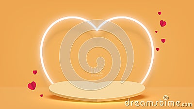 Stage podium decoration with heart neon lighting. Pedestal scene with for product platform, advertising, show, award on yellow. Vector Illustration