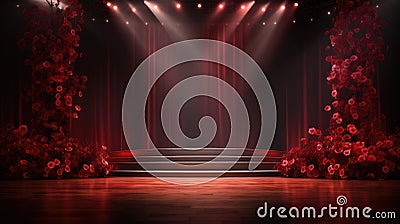 Stage podium with red flowers, illuminated by spotlights Stock Photo