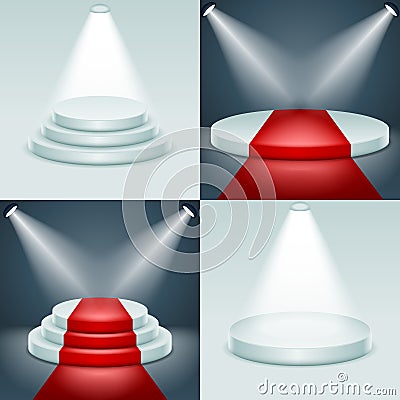 Stage podium set award ceremony illuminated 3d realistic design vector illustration Vector Illustration