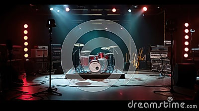 A Stage Prepped for an Epic Performance with Guitars, Drums, Neon Signs, and More, Ready to Rock. Generative AI Stock Photo