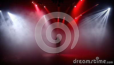 A stage with red and blue smoke and strobe lights, Generative Ai Stock Photo