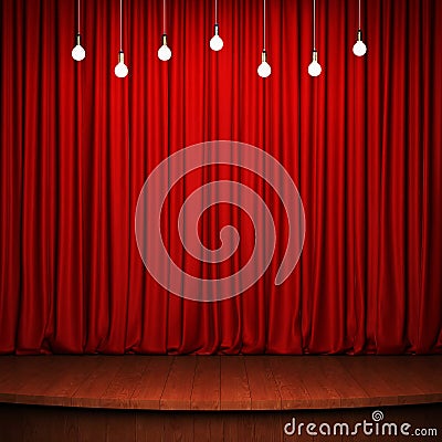 Stage with red curtain, wooden flooring and light bulbs Stock Photo