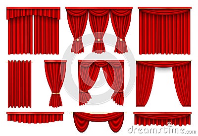 Stage red curtains realistic vector illustrations set Vector Illustration