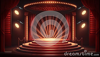 Stage for a show or TV entertainment with microphone, stairs, red curtains, spotlights, illumination and decor. Generative ai Stock Photo