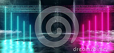 Stage Structure Dance Neon Glowing Vertical Shaped Sci Fi Futuristic Club Dance Retro Alien Spaceship Corridor Tunnel Purple Blue Stock Photo