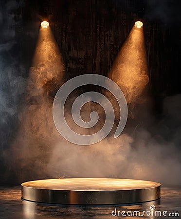 Stage With Three Spotlights and Smoke Stock Photo