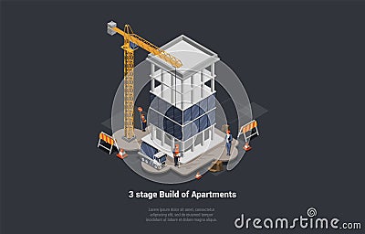 Stages Of Construction Multistory Building And Glazing. Construction Workers Attach Windows to Skyscraper Walls Using Vector Illustration