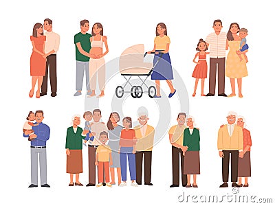 Stages of family development. The relationship of generations. Love, birth and upbringing of children. A set of portraits of Cartoon Illustration