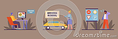 Stages of learning at driving school. Theory and practice. Students study road signs and pass test Vector Illustration