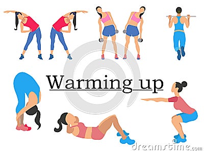 Stages warm up. Sport for health, clearly shows the girl. In minimalist style. Cartoon flat Vector Vector Illustration