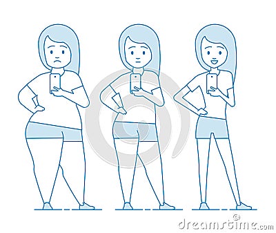 Stages weight loss before and after. Vector Illustration