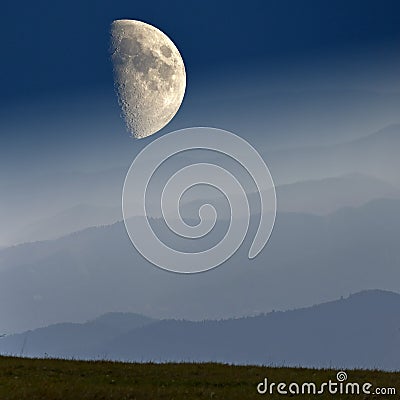 Staggered horizons and big moon in the mountains of Lower Austria Stock Photo