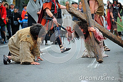 Staging of Jesus road on the mountain Calavary Editorial Stock Photo