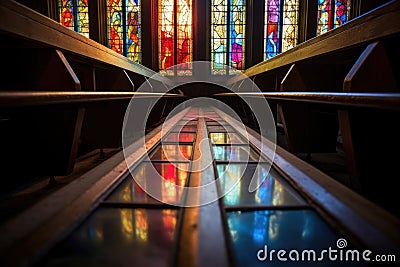 stain glass chapel window reflecting colors on pews Stock Photo