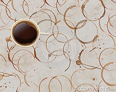 Stained circles of dried coffee from spills and splashes are seen on a table top Cartoon Illustration