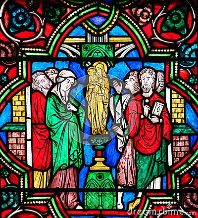 Stained Glass - Adoration of the Blessed Virgin Mary Stock Photo